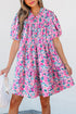 Pink Floral Collared Half Placket Short Sleeve Loose Dress